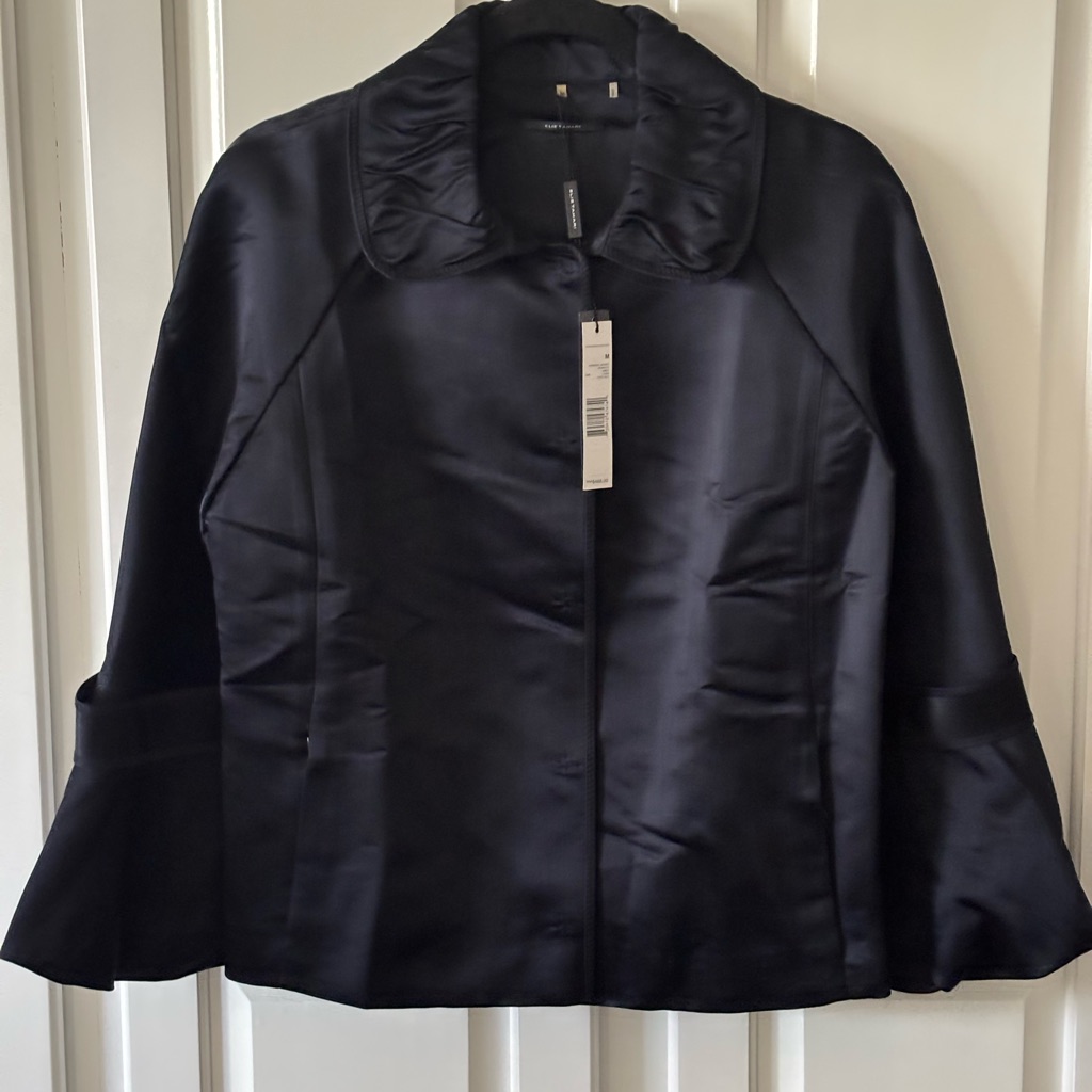 Elie Tahari (New With Tags) Black Satin Jacket W/ Ruffle Collar&Bell Sleeve Sz M